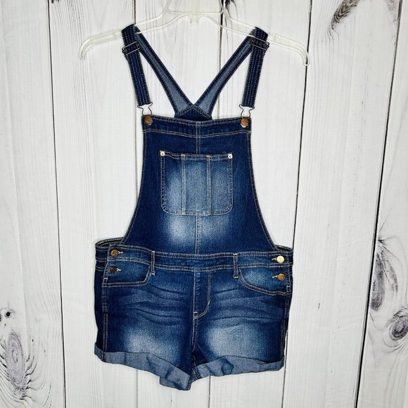 No Boundaries Short Jeans Overalls Stretch Denim Size L (11-13) Cuffed - Picture 1 of 11